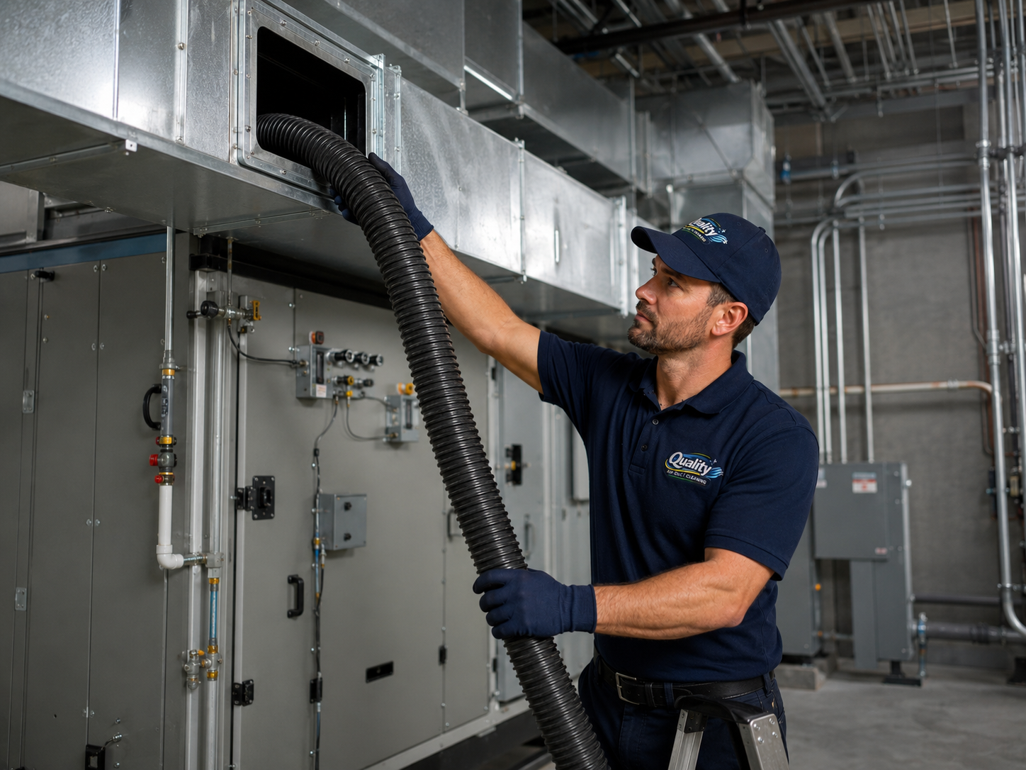 Quality Air technician cleaning commercial HVAC ductwork