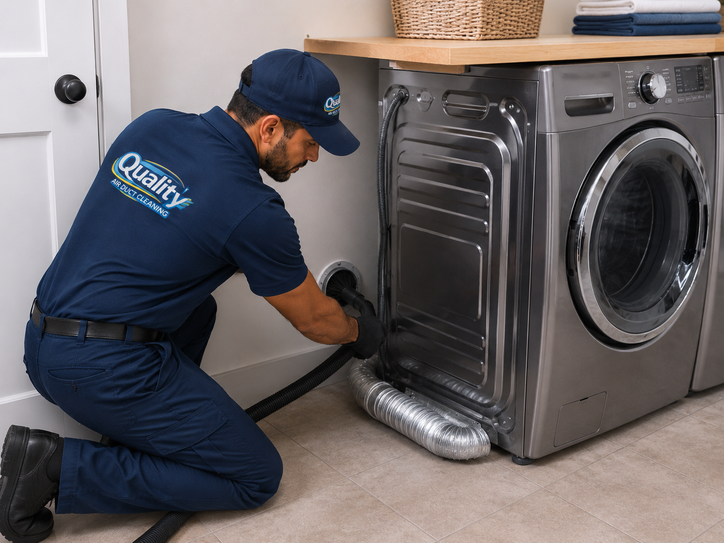 Quality Air technician cleaning a dryer vent beside a laundry appliance